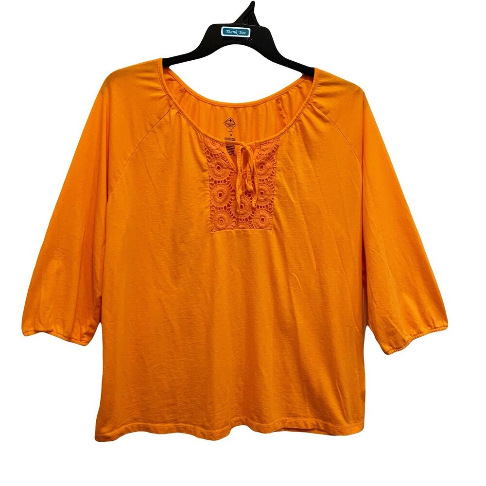 St. John's Bay Blouse Womens Size XL Orange Knit Lace Tie Neck 3/4 ElasticSleeve